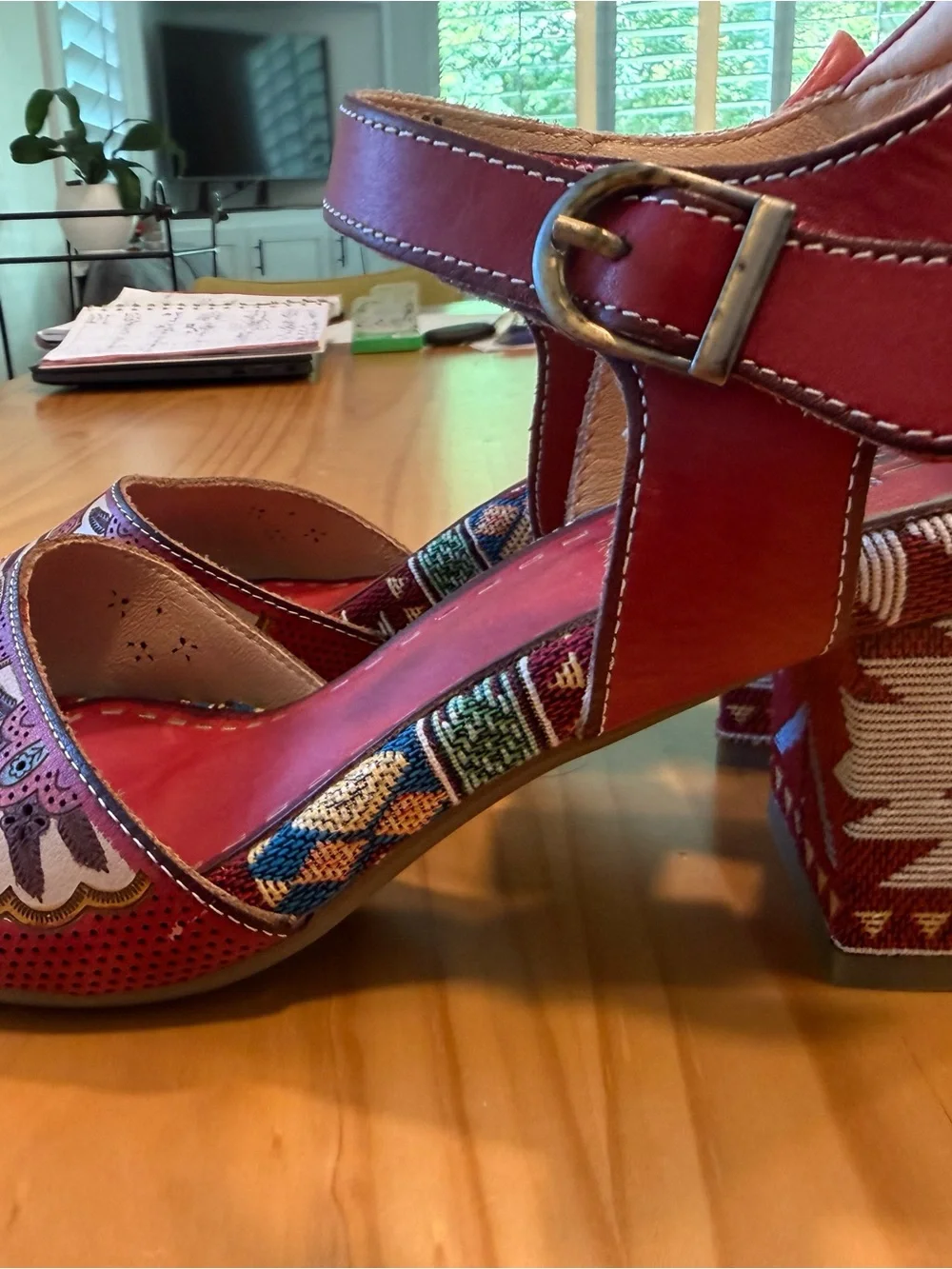 Artisanal Red Patterned Women's Ankle-Strap Sandals by ARTISTE